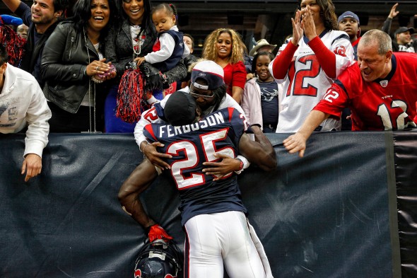 Texans safety Nick Ferguson, 25, embraces Emily Jones, mother of Texans wide receiver Jacoby Jones Texans safety Nick Ferguson, 25, embraces Emily Jones, mother of Texans wide receiver Jacoby Jones